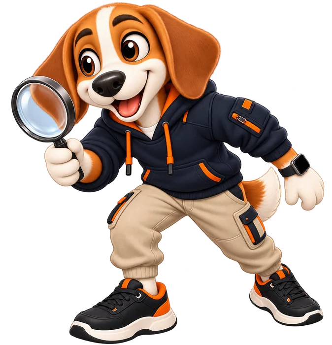 Mascote do Achados Inteligentes com uma lupa